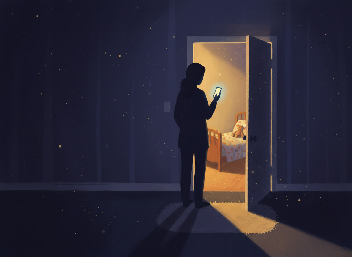 A child's bedroom door ajar with warm lamplight spilling into a dark hallway