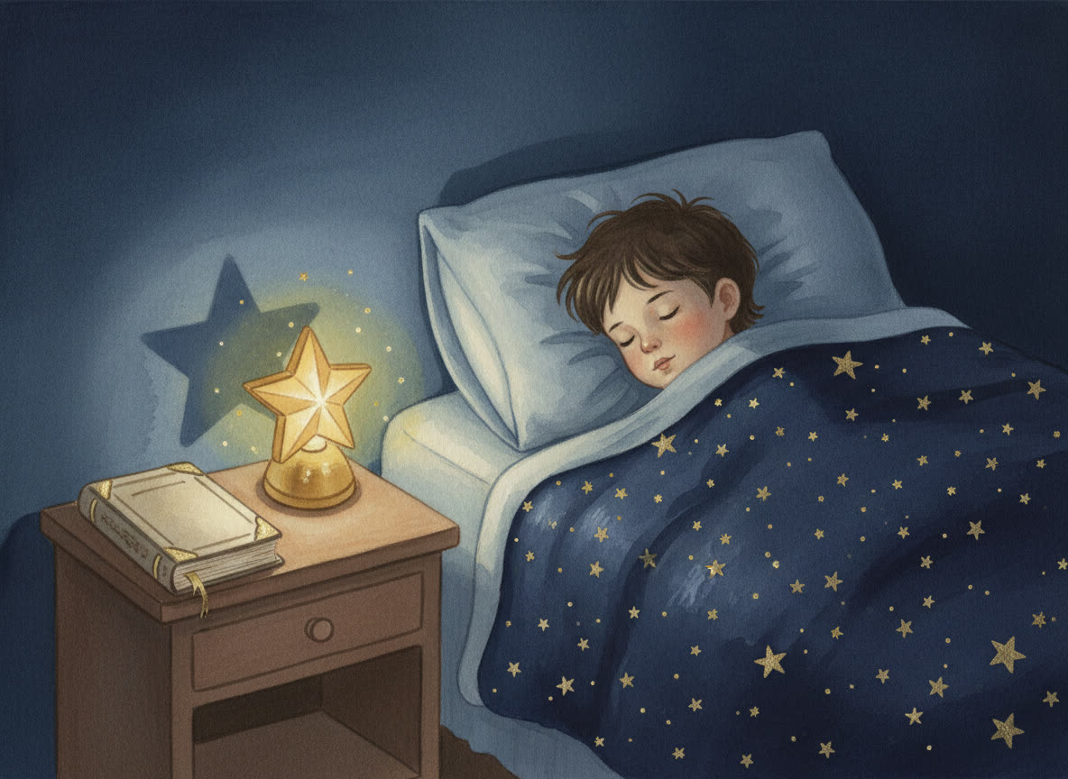 A sleeping child under a starry navy blanket, a closed storybook on the nightstand
