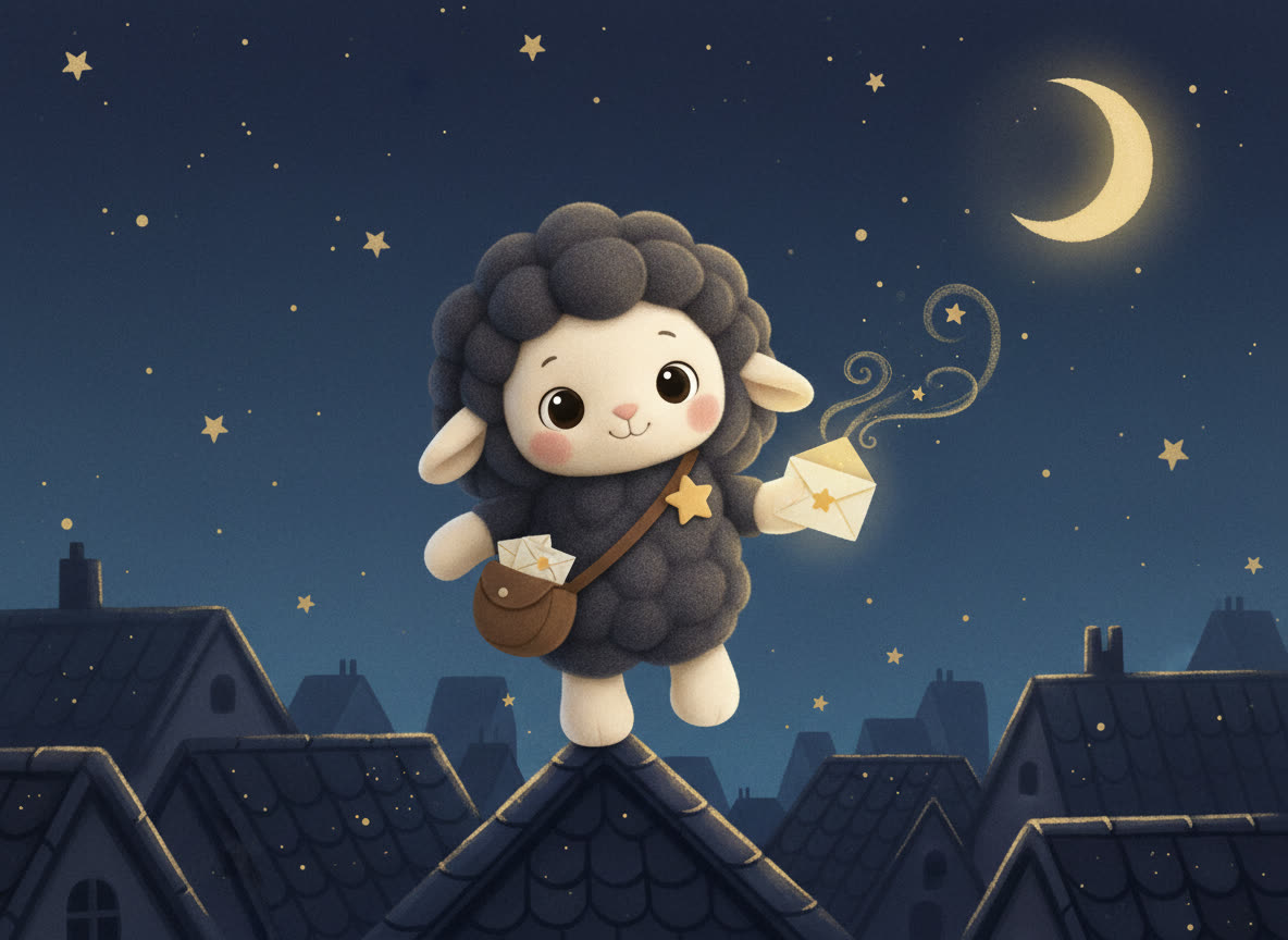 Pip tiptoeing across moonlit rooftops with a satchel of star-sealed envelopes