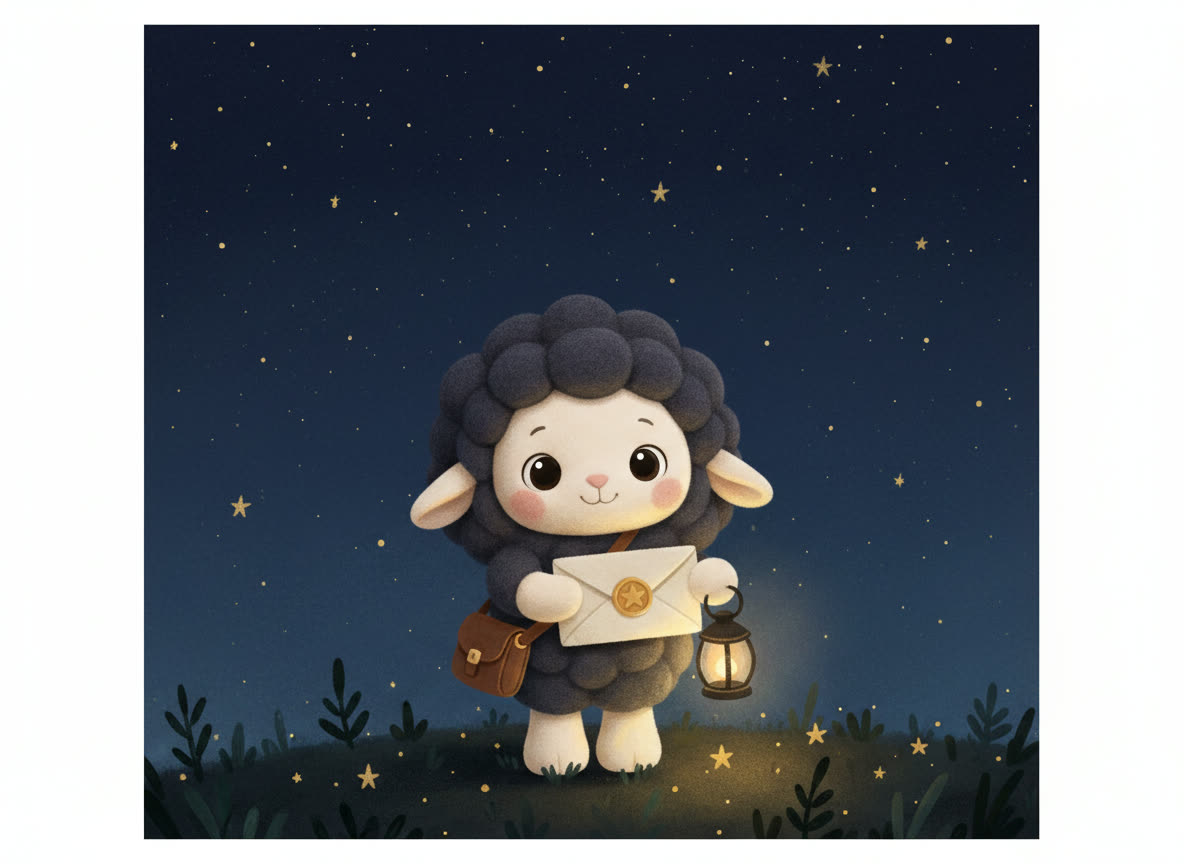 Pip the charcoal plush lamb carrying a star-sealed envelope under a night sky