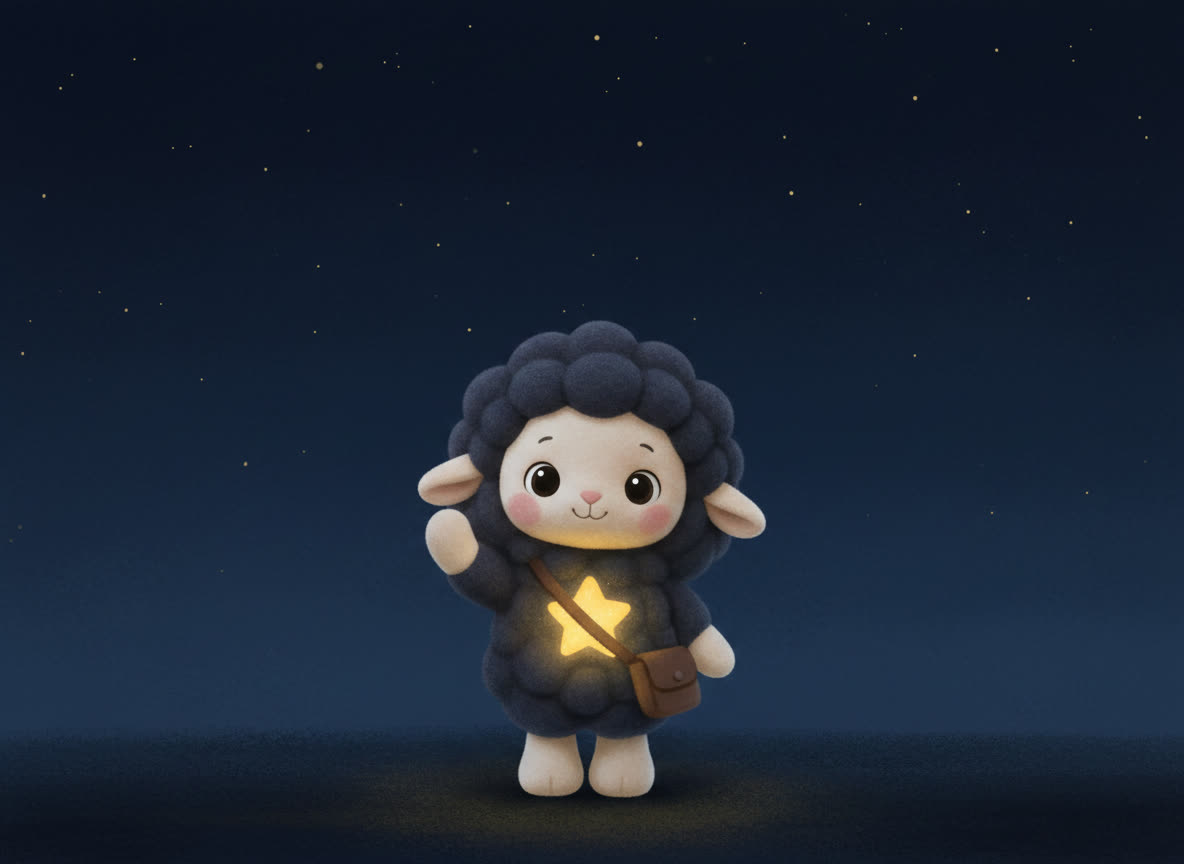 Pip the plush lamb waving goodnight under a vast night sky, his chest star glowing